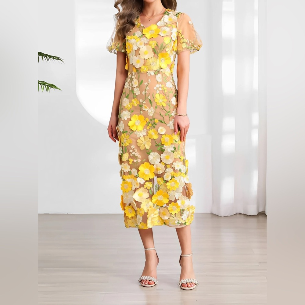 Floral Embroidered Yellow and Cream Dress